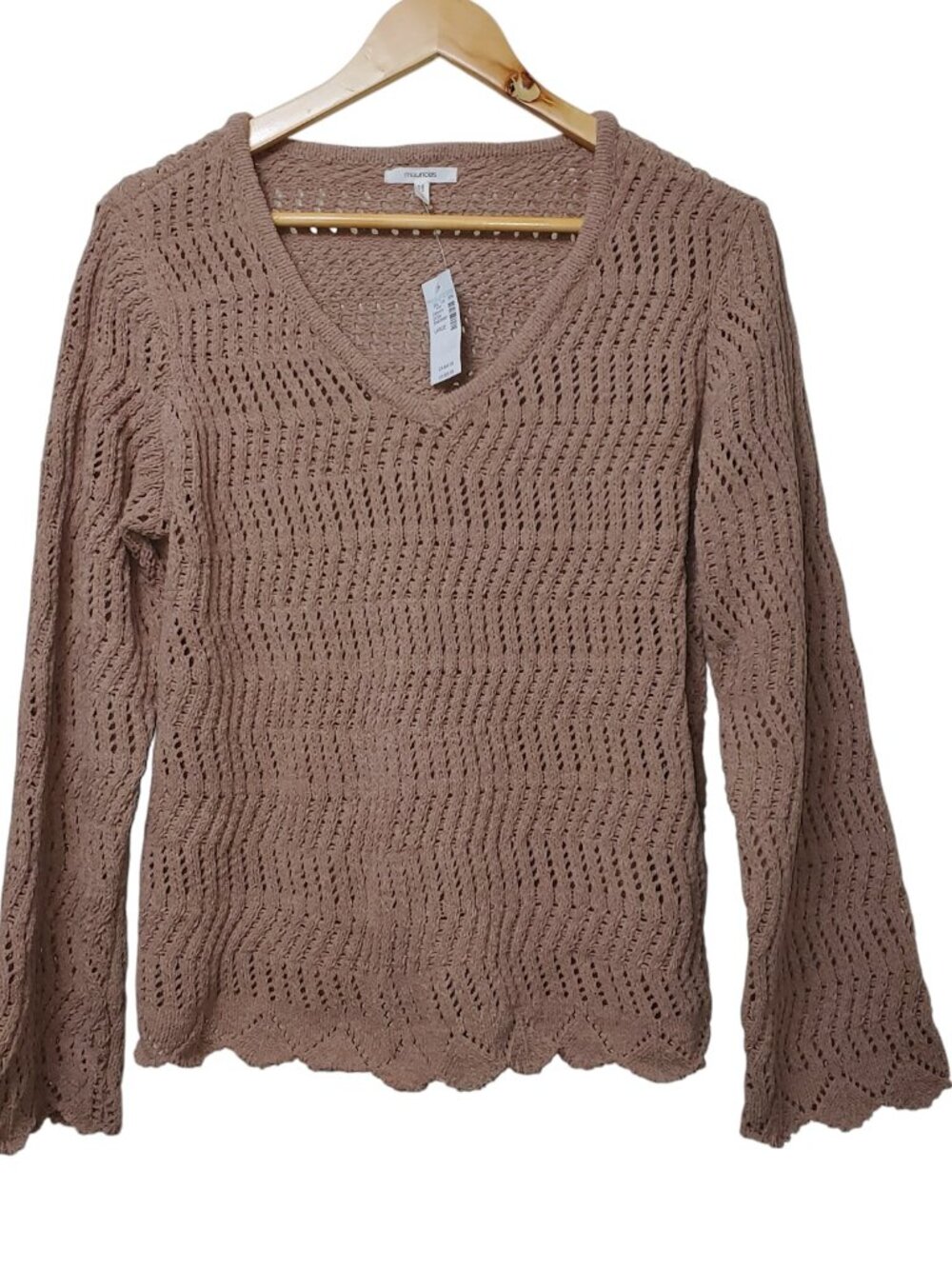 Maurices Women's Chenille Pointelle V-Neck Taupe Sweater, Size L